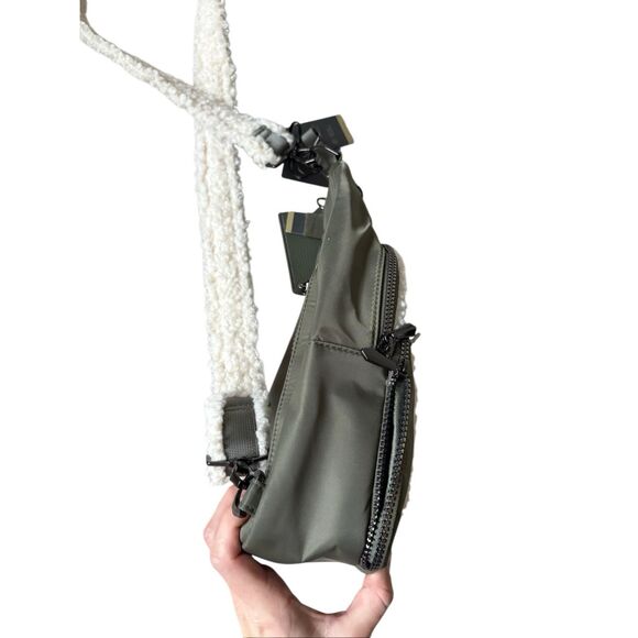 NEW House Of Harlow Sling Backpack Sherpa Nylon Olive Green Cream - Picture 13 of 15